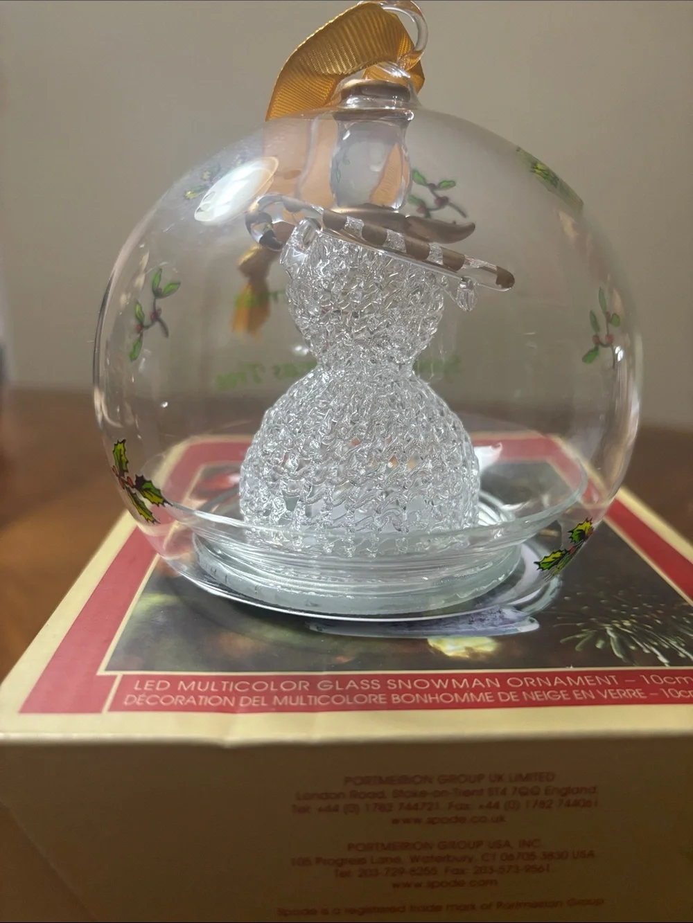 Spode Clear Glass Snowman Ornament with Gold Ribbon and Green Holly Accents